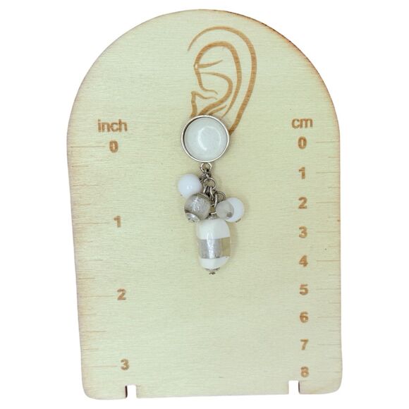 White Art Glass Beaded Cluster Dangle Drop Earrings 2" Silver Tone Trendy - Picture 10 of 10